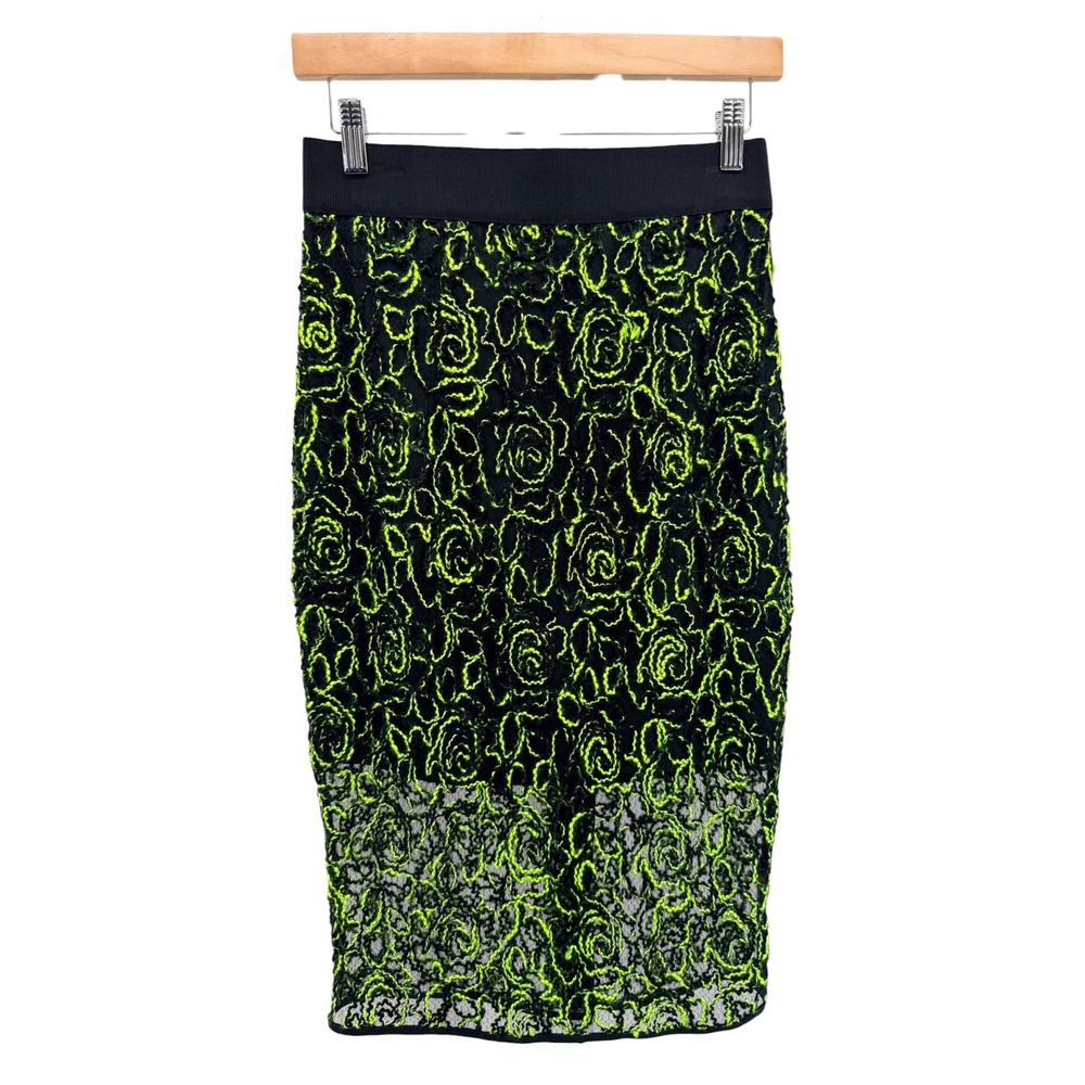 Milly Neon Floret Webbing Midi Skirt Black Yellow Lace Sheer Hem Wool Blend 4